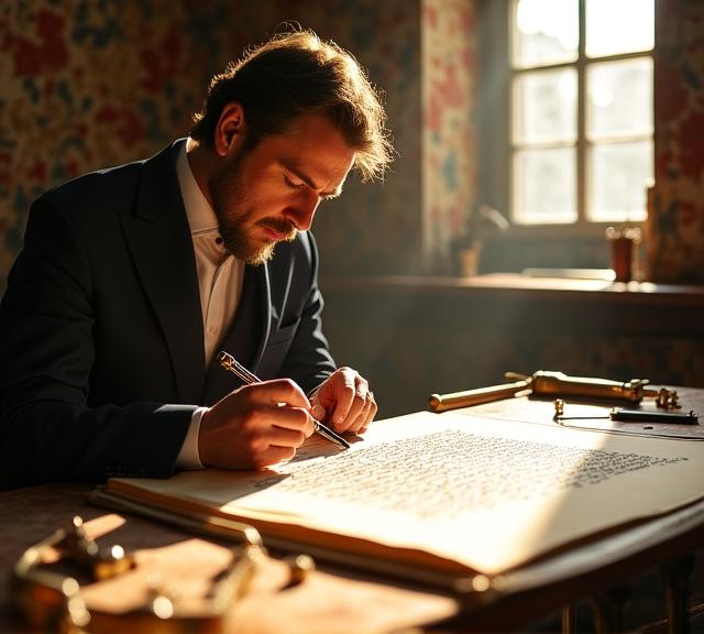 Maestro calligrafo al lavoro nel suo atelier romano